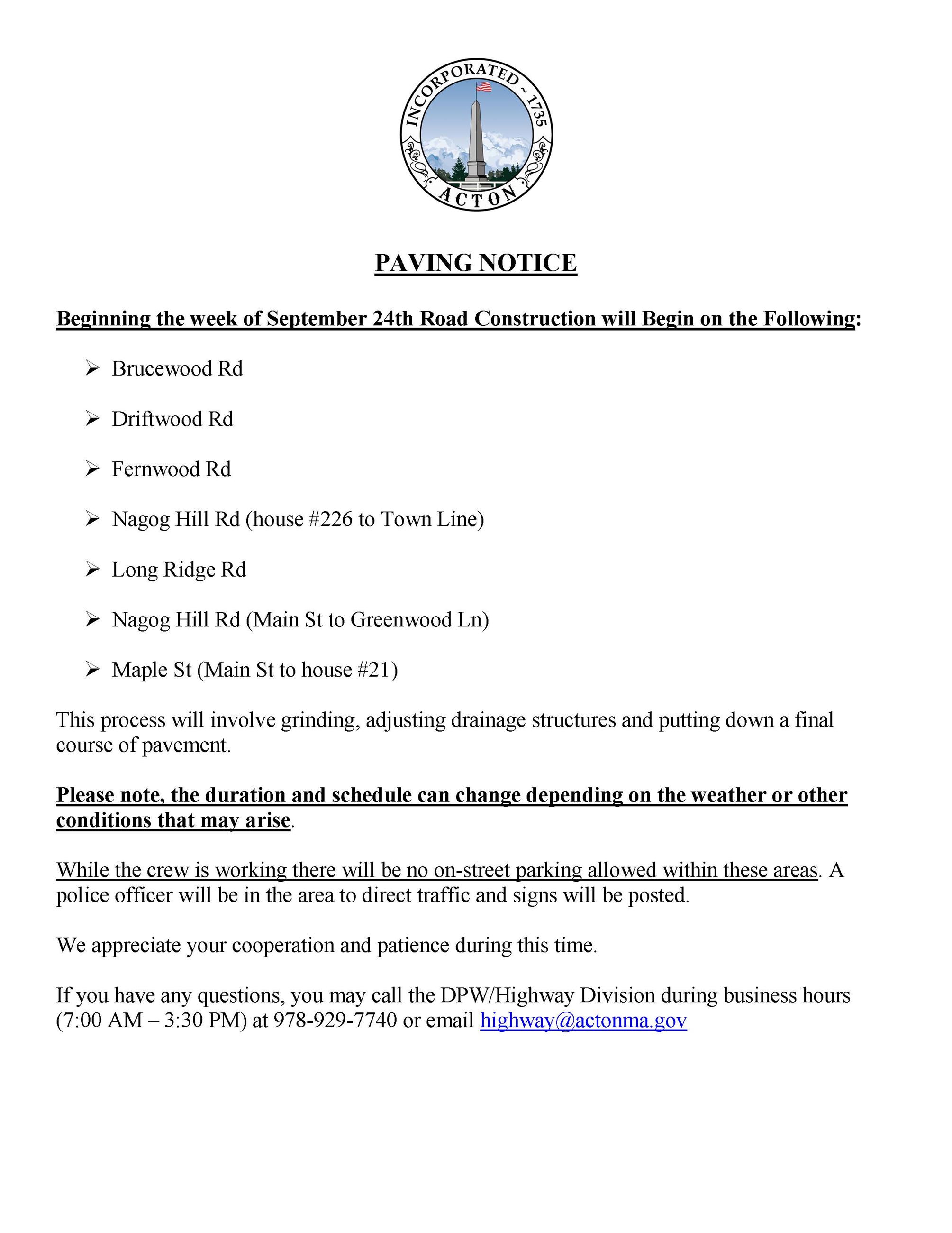 Fall 2021 Paving Notice