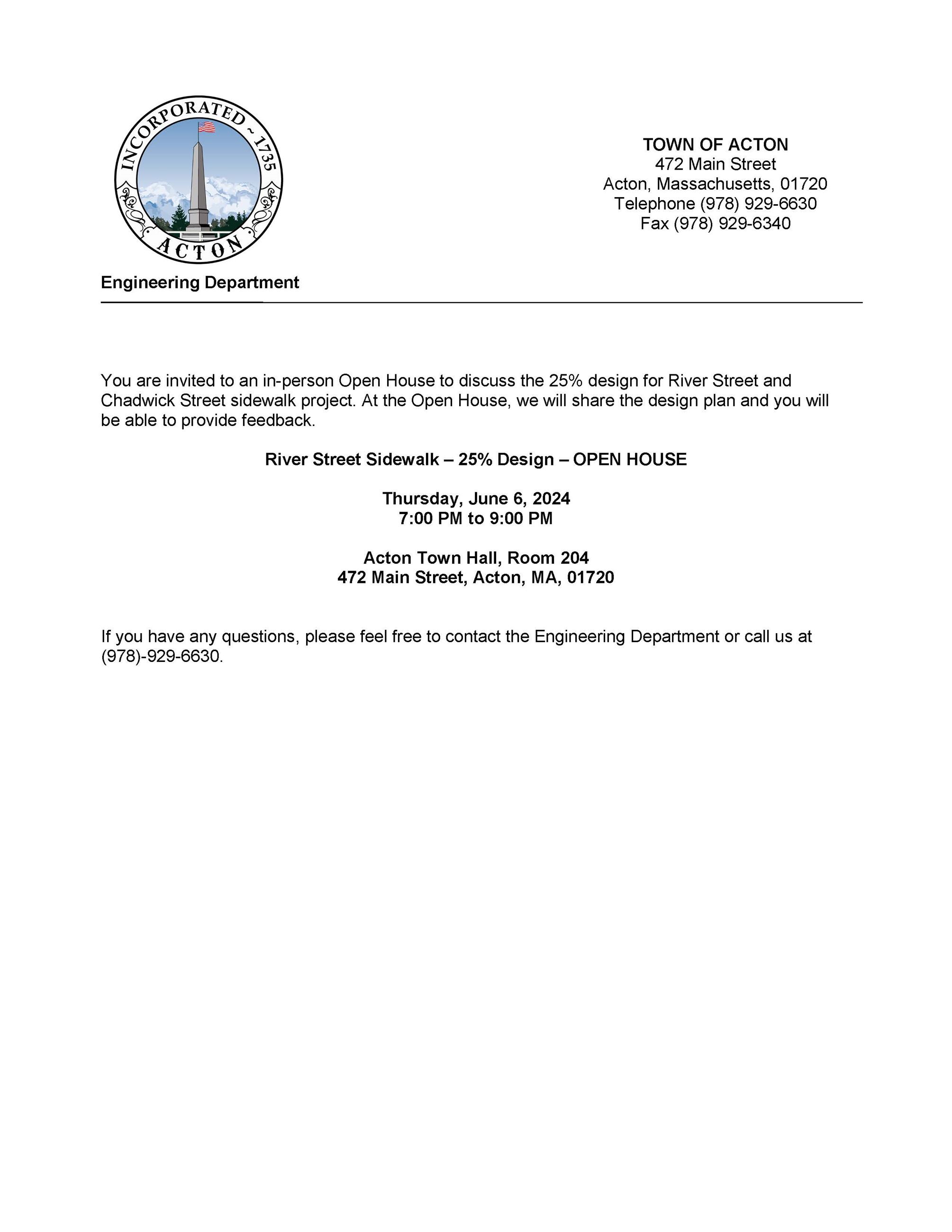 Town of Acton Letter River St Open House